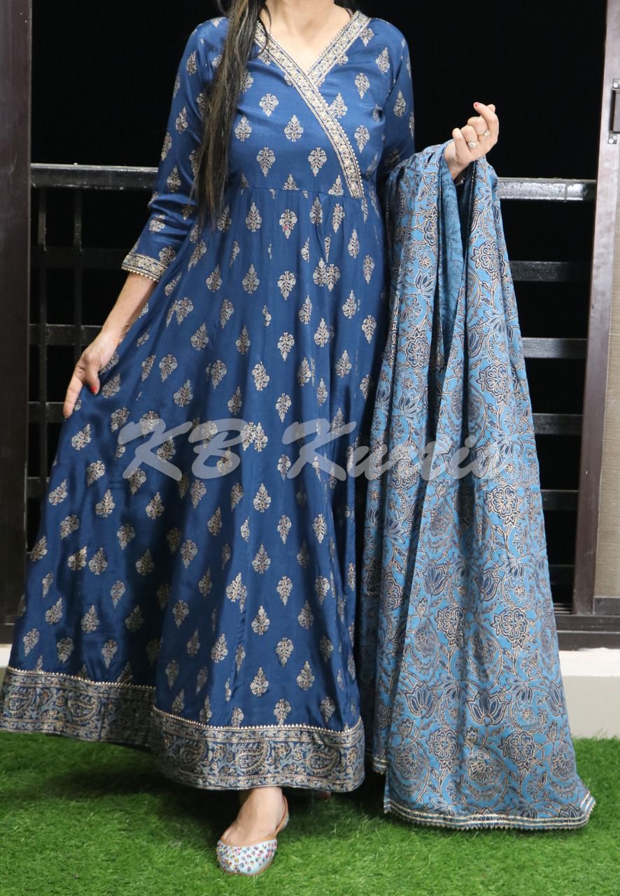 Grey Blue Velvet Embroidery Work Anarkali Gown With Dupatta